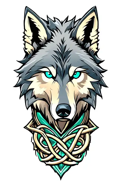 Green Scale Wolf With Blue Eyes On Armor Tattoo Design Featuring Celtic Trinity Knot
