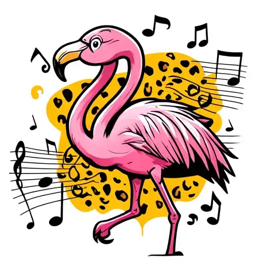 Funny Cute Goofy Cartoon Like Flamingo Surrounded Music Notes Some Cheetah Print