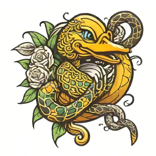 Duck Holding A Rattle Snake With Flowers Intertwined