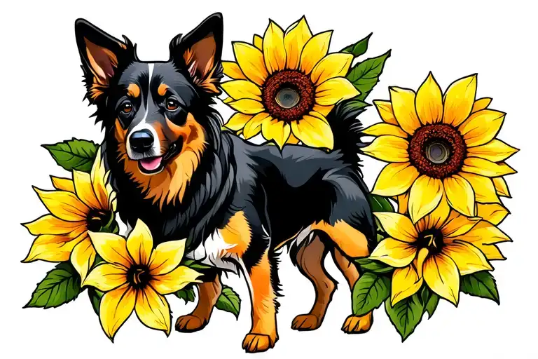 Lillies Roses Sunflower Germann Shepherd Dog
