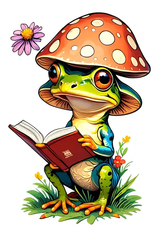 Cute Frog Reading On A Mushrooms And Wild Flowers