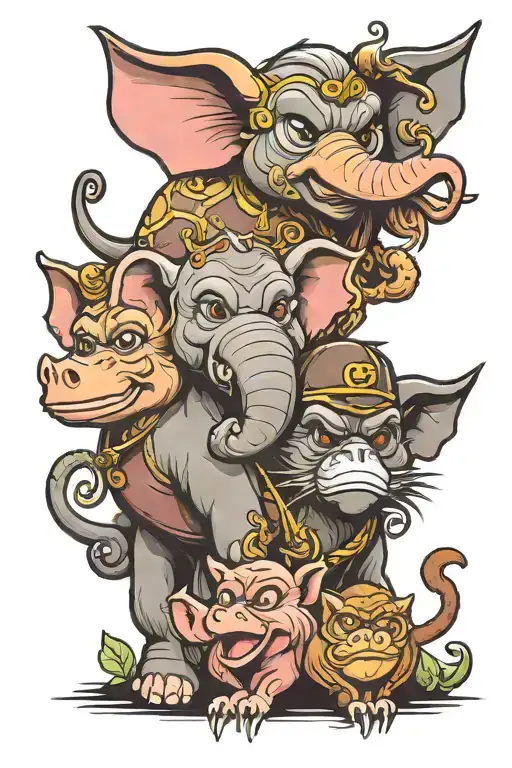 Elephant Pig Owl And Monkey