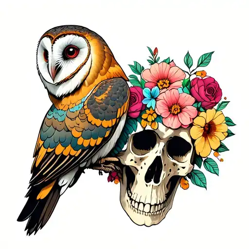Floral Boho Chic Barn Owl Perched On Skull