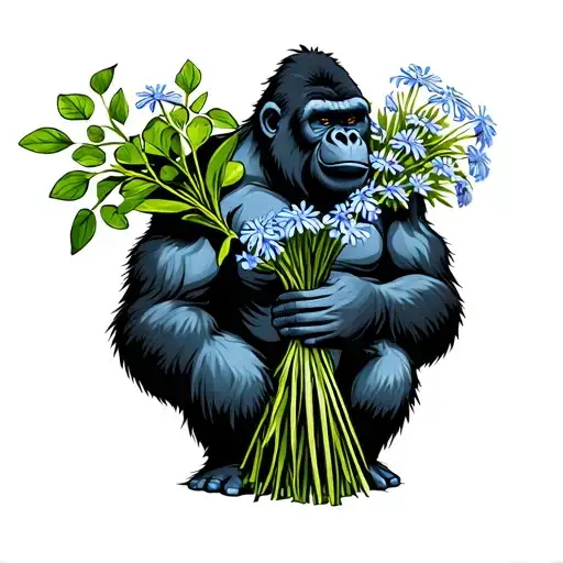 Silverback Gorilla Holding A Bouquet Of Chickory Flowers