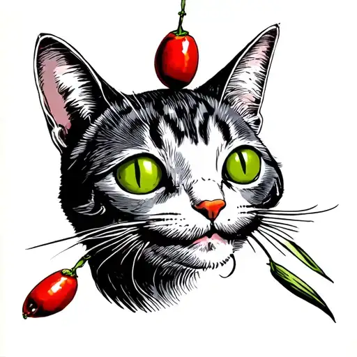 Green Olive With Pimento As Cat With A Salvador Dali Mustache