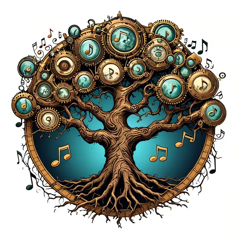 A Steam Punk-inspired Tree Of Life With Musical Notes Flowing Through The Branches