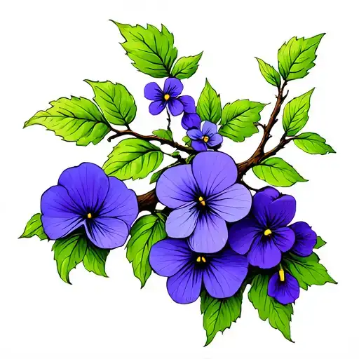 Violets And Indigo Flowers Blooming On Tree Branches