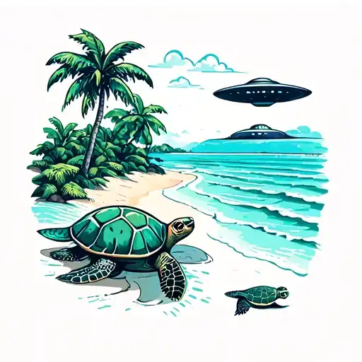 Tropical Scene With A Ufo In The Distance And A Turtle Swimming Up To The Beach