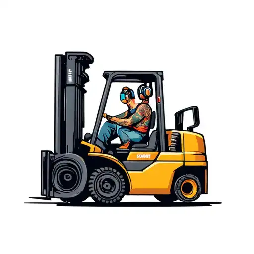 A Forklift Driver Wearing Headphones With Music-themed Tattoos On Their Arms