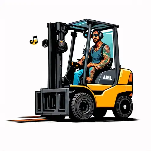 A Forklift Driver Wearing Headphones With Music-themed Tattoos On Their Arms