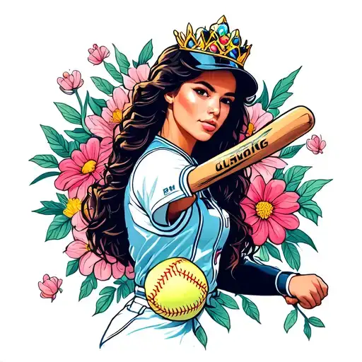 Portrait Of A Softball Player As A Princess With Dancing Flowers Around Her