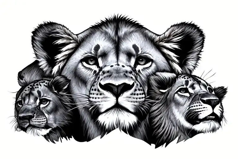 Lioness Half Face With Cubs