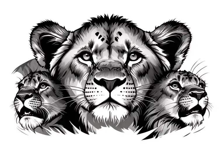 Lioness Half Face With Cubs