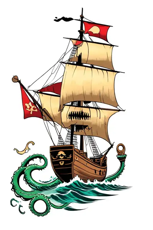 Pirate Ship Sailing Captured By The Kraken Emerging