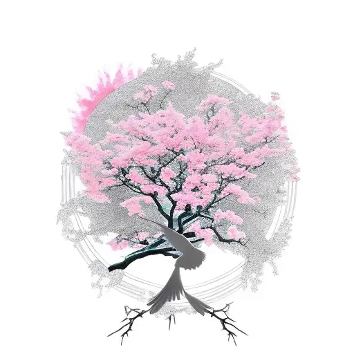 Pink Sakura Tree With A Raven On It And A Red Sun