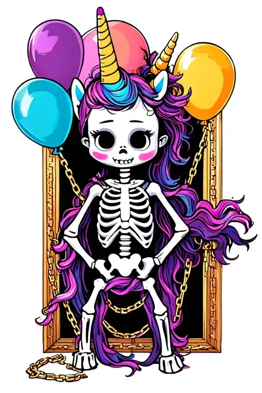 Grandchild Sophia Balloons Unicorn Skeleton Chained