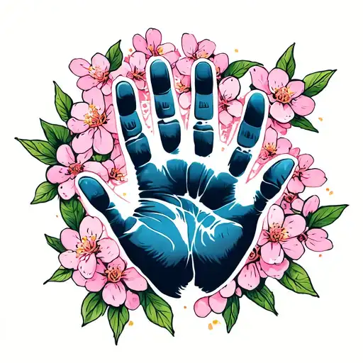 Baby Hand Print Surrounded By Cherry Blossoms