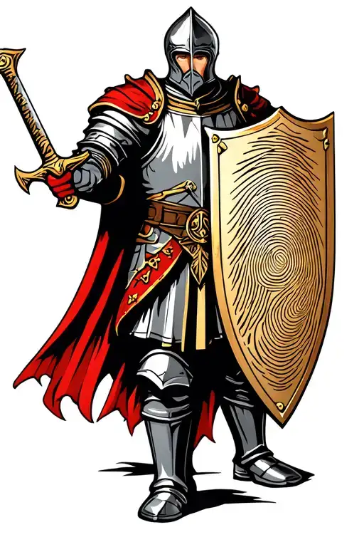Medieval Knight Holding Sword With Fingerprint In Shield