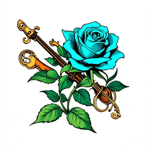 A New-school Design Of A Tiffany Blue Rose Intertwined With Musical Instruments And Symbols