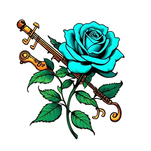 A New-school Design Of A Tiffany Blue Rose Intertwined With Musical Instruments And Symbols