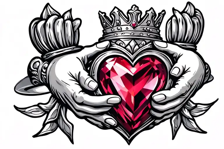 Claddagh Ring With The Hands Holding A Red Gemstone Heart Wearing A Cool Crown