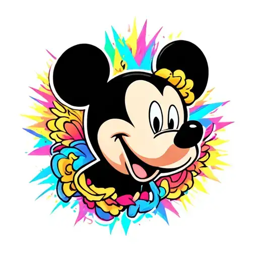 Mickey Mouse Face With Colored Background In Chicano Style