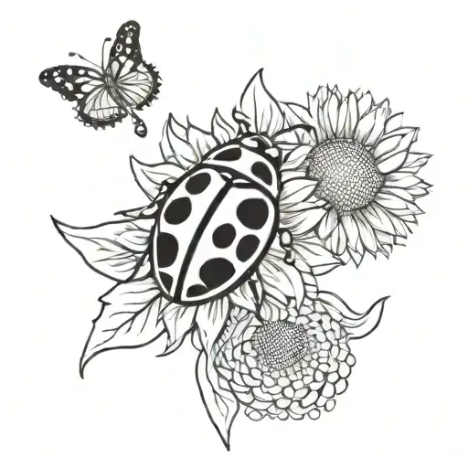 Lady Bug With Sunflower Blooming