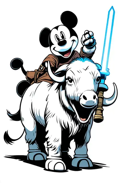 Mickey Mouse Riding A Bantha Holding A Lightsaber