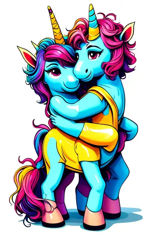 Two Puppets Unicorns One Is Hugging The Other From Behind And Lifting It