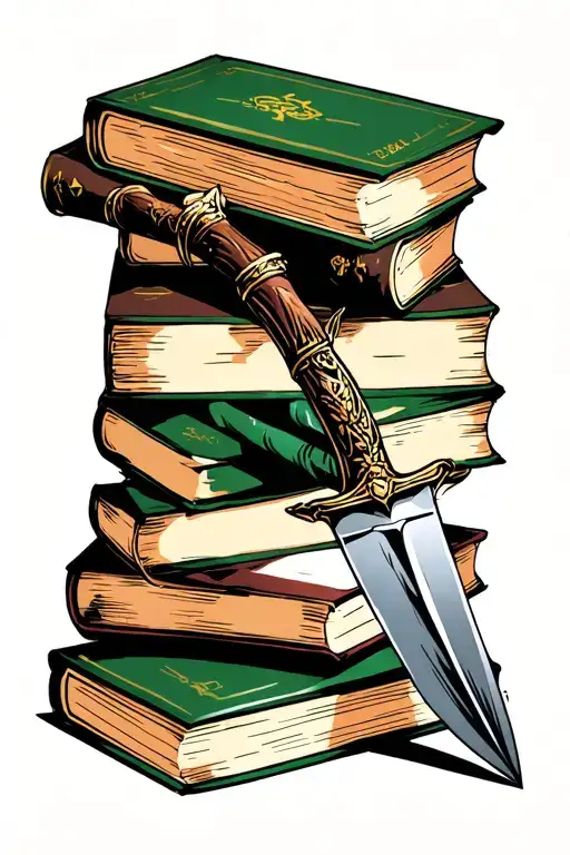 Stack Of Books With Dagger Propped Up Agaisnt It
