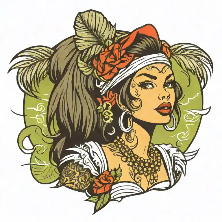 Pin Up Girl In A Hula Skirt Standing Sexually With Tattoos And Head Dress