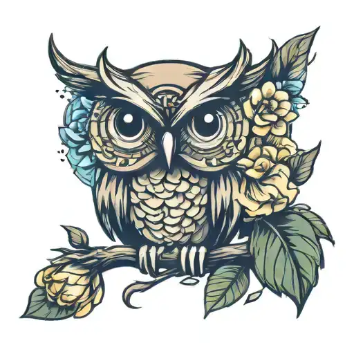 Owl With Flower Blooming
