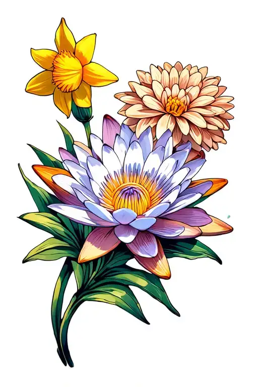 Water Lily Daffodil And Chrysanthem Full Sleeveum Flower