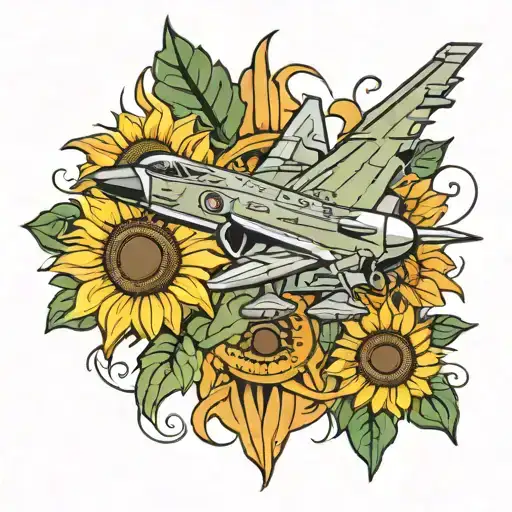 An Abstract Representation Of A Military Insignia Incorporating Sunflowers And Fighter Jets