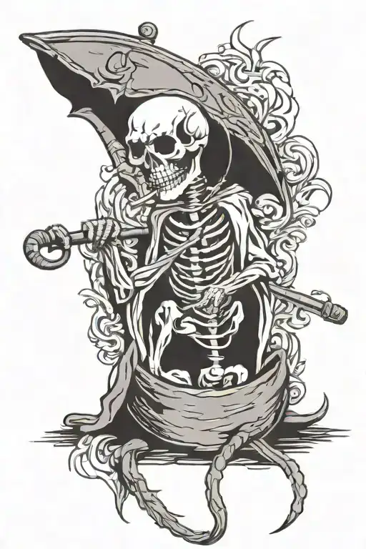 Death With A Scythe Stands On His Skull And Smokes A Cigarette