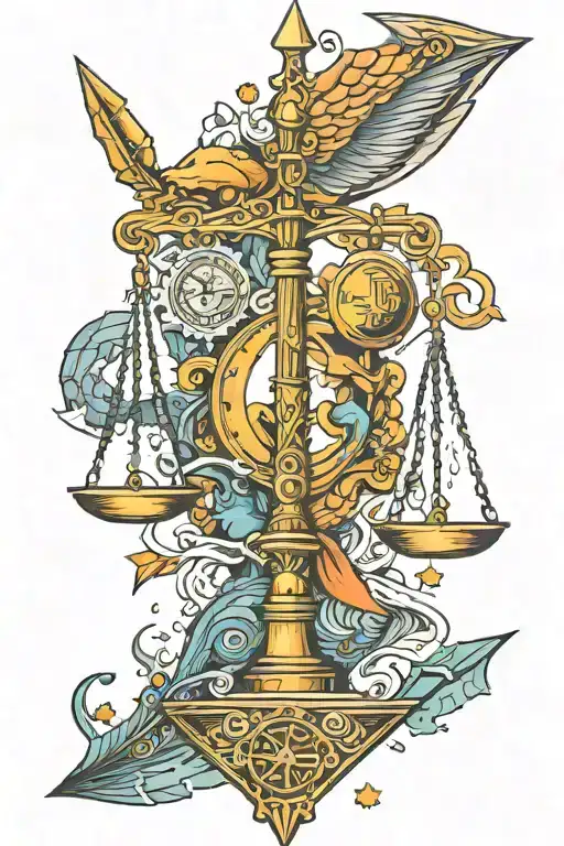 An Arrow Piercing Through The Scales Of Justice With Zodiac Symbols Intertwined