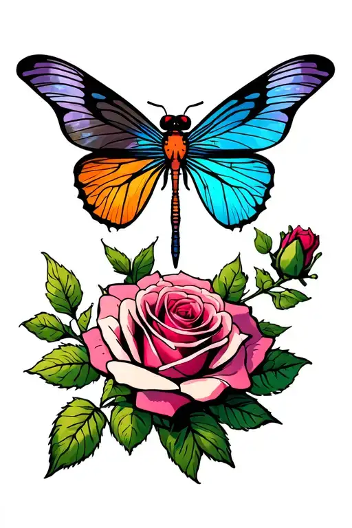 Half Butterfly Half Dragonfly On Wilted Roses