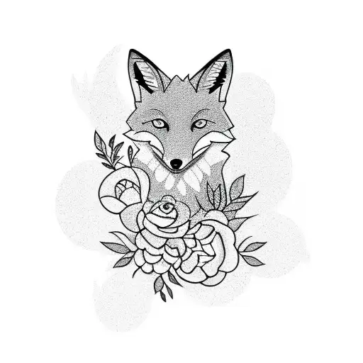 A Minimalist Tattoo Design Of A Fox Surrounded By Peonies And Roses