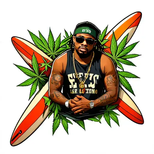A Tattoo Design Featuring A Louisiana Rap Artist Surrounded By Surfboards And Marijuana Leaves