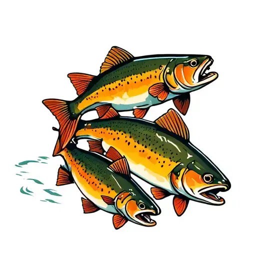 3 Trout Swimming Up Stream Trees