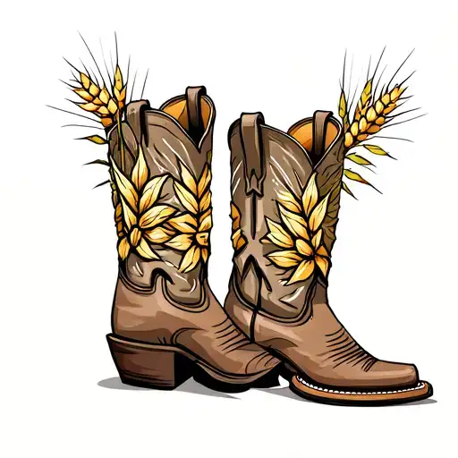 Pair Of Cowboy Boots With Wheat Field Flowers
