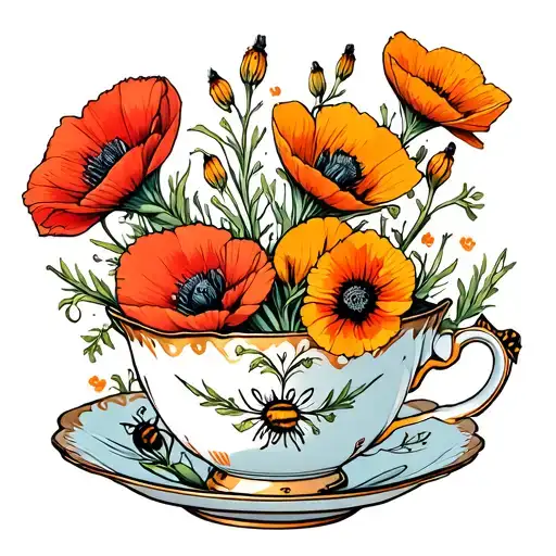 Teacup With Flowers And Bumblebee Poppies & Gladioli