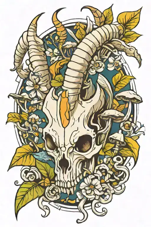 Goat Skull And Mushrooms