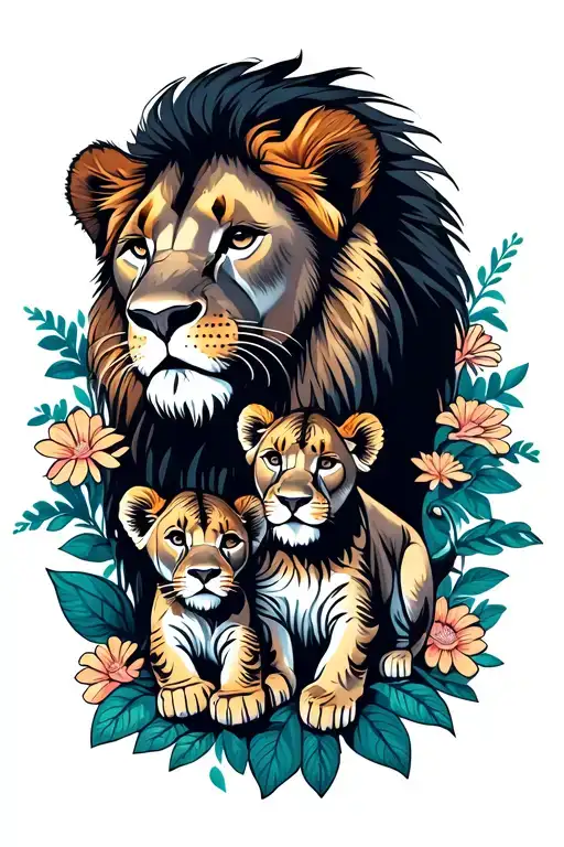 Lioness With Two Cubs Flower Background