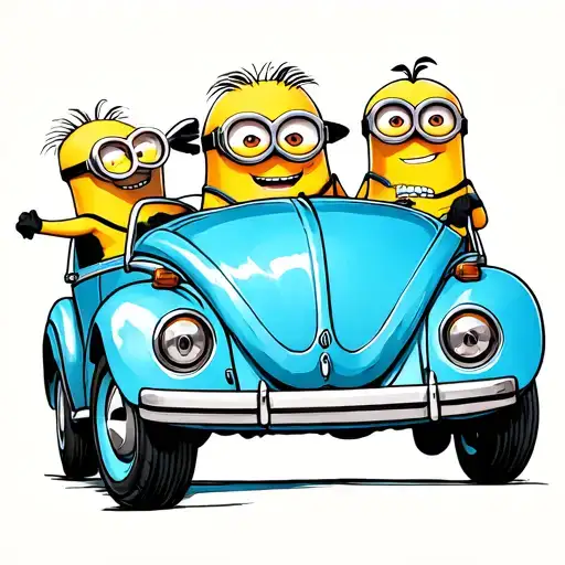 3 Minions Driving A Vw Beetle