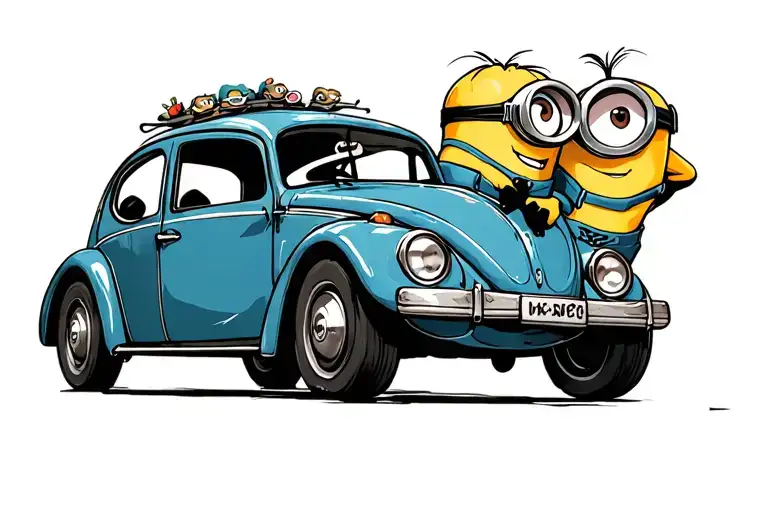 2 Minions Driving A Cartoon Vw Beetle With A Third On The Roof