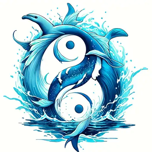 Cyperpunk Anime Yin Yang Tattoo With Dolphin And Whale With Water