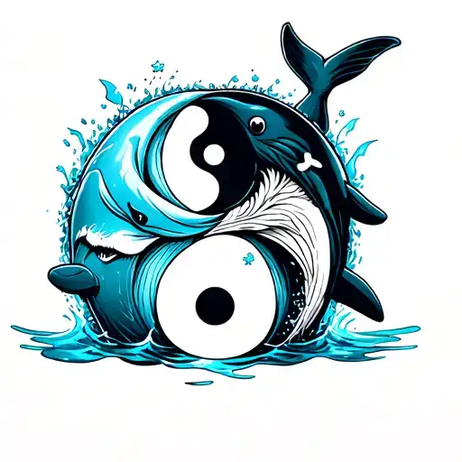 Cyperpunk Anime Yin Yang Tattoo With Dolphin And Whale With Water