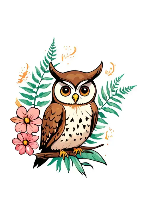 Owl With Dog Wood Flowers And Ferns