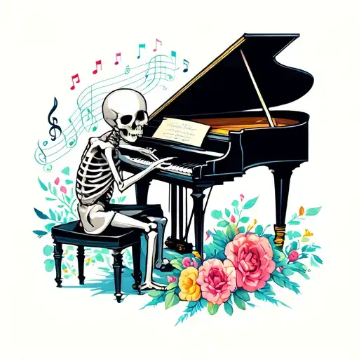 Skeleton With A Softness Playing The Piano With Flowers And Notes Ascending From The Piano